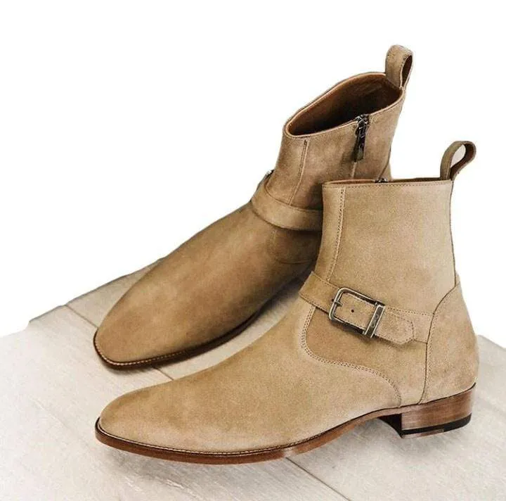 Madrid Strap Beige Ankle Boots Men Suede Designer Boots