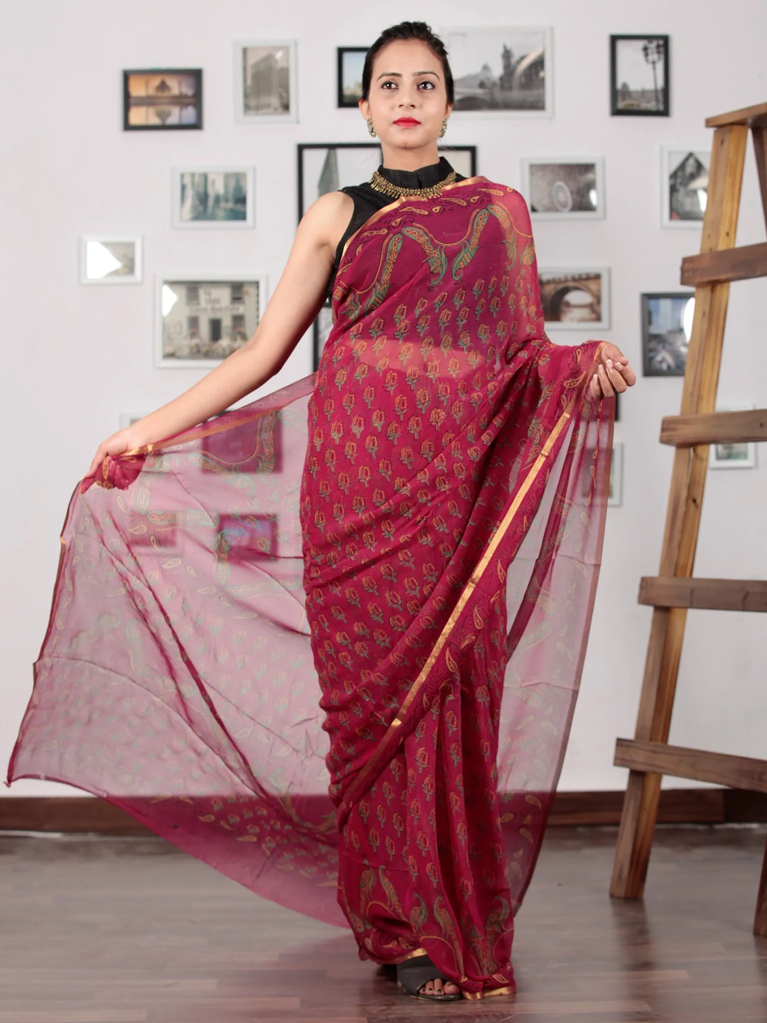 Maroon Green Yellow Hand Block Printed Chiffon Saree with Zari Border - S031702745