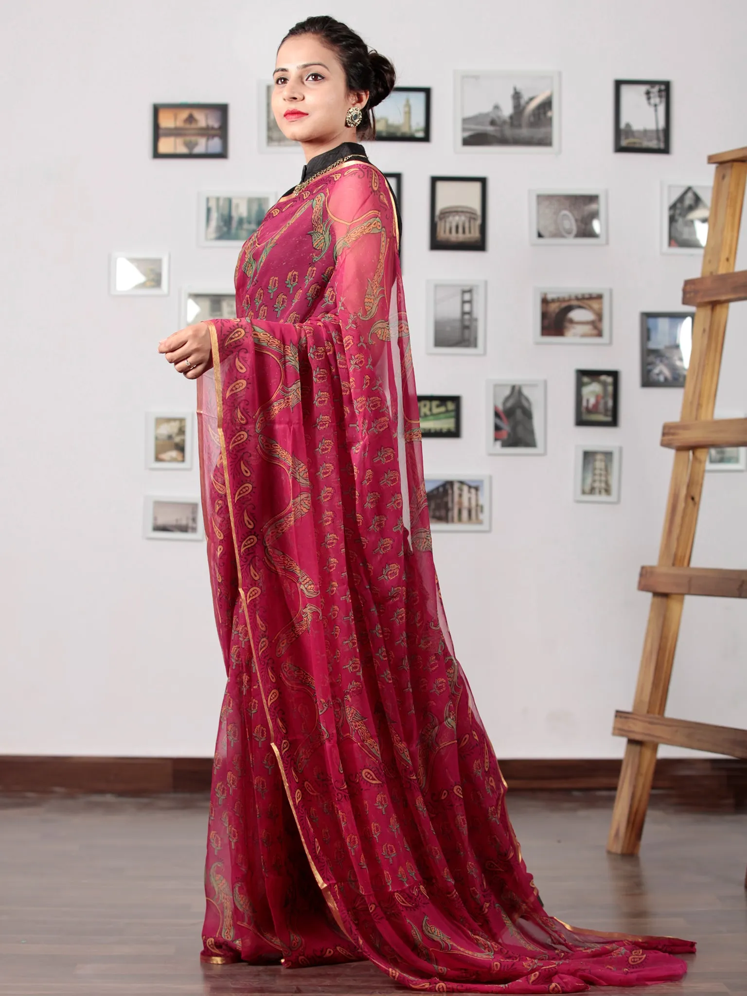 Maroon Green Yellow Hand Block Printed Chiffon Saree with Zari Border - S031702745