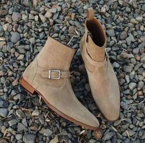 Men's Ankle Beige Suede Jodhpurs Buckle Side Zipper Boot