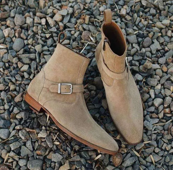 Men's Ankle Beige Suede Jodhpurs Buckle Side Zipper Boot