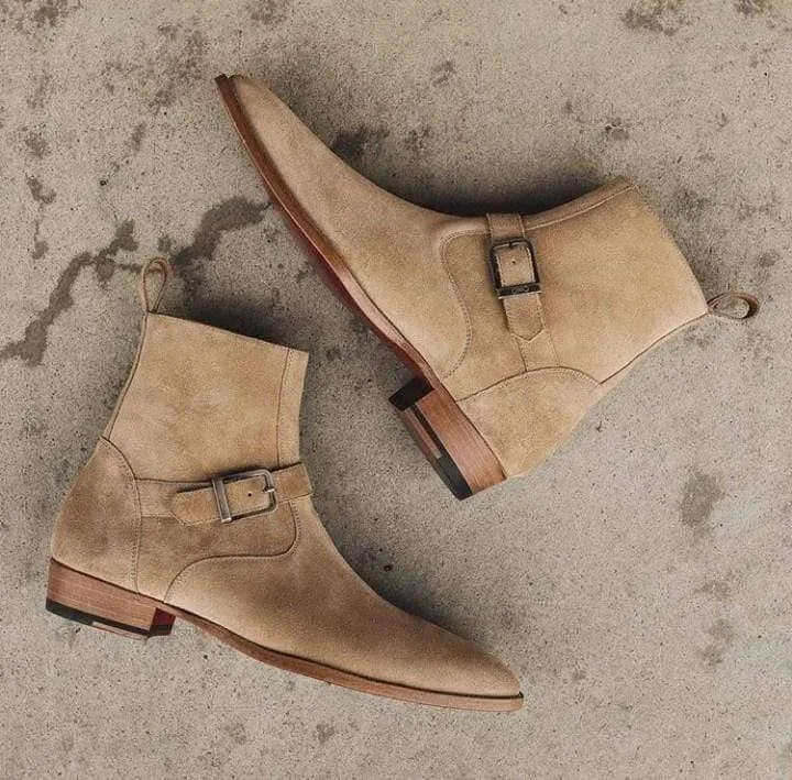 Men's Ankle Beige Suede Jodhpurs Buckle Side Zipper Boot