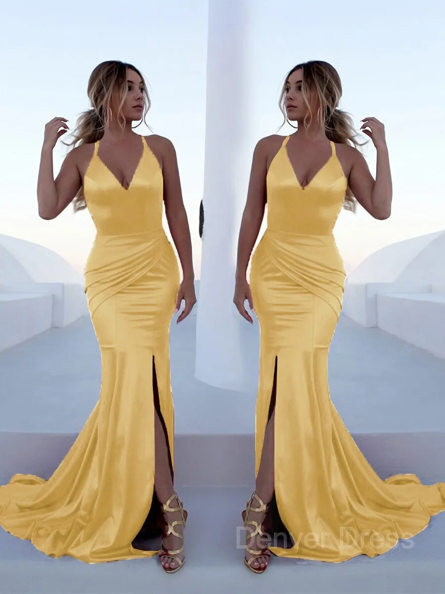 Mermaid Halter Sweep Train Silk like Satin Prom Dresses With Leg Slit
