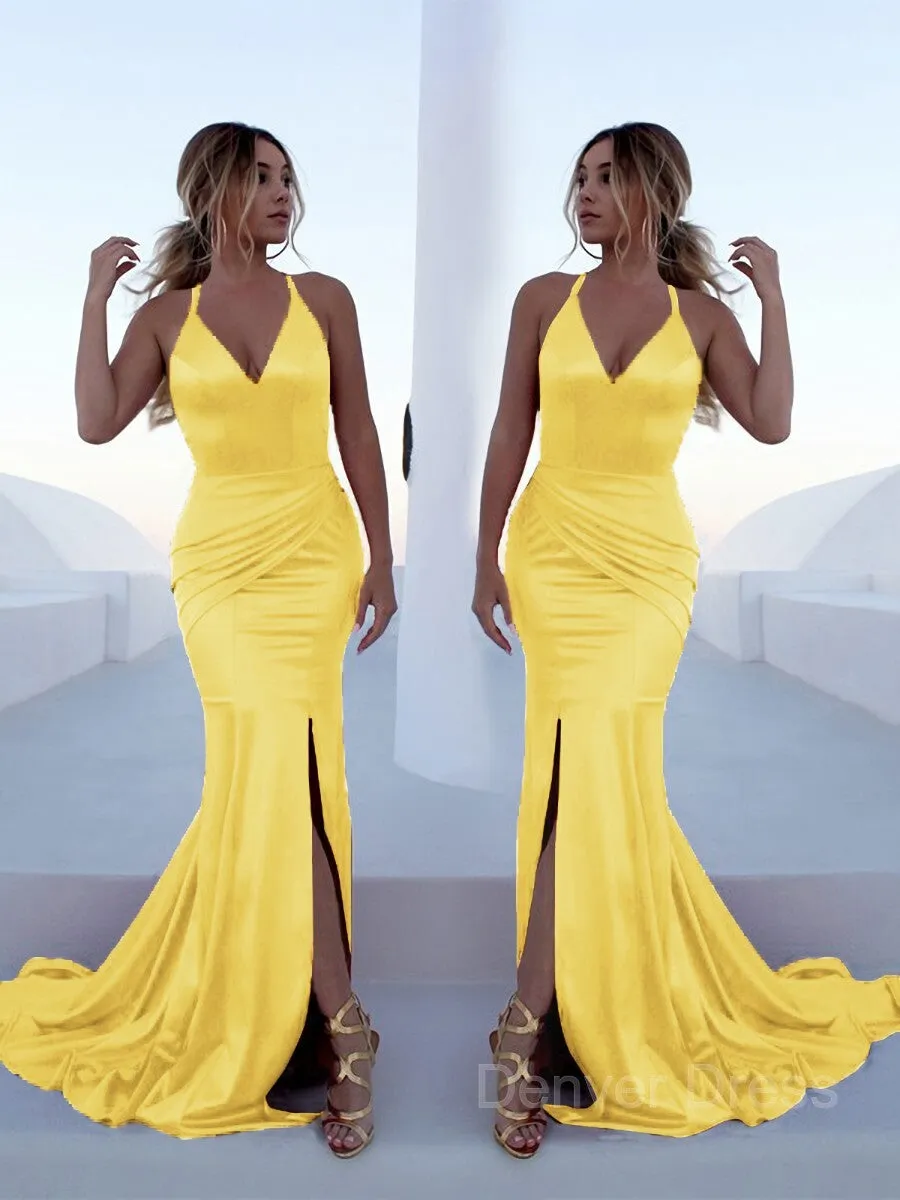 Mermaid Halter Sweep Train Silk like Satin Prom Dresses With Leg Slit