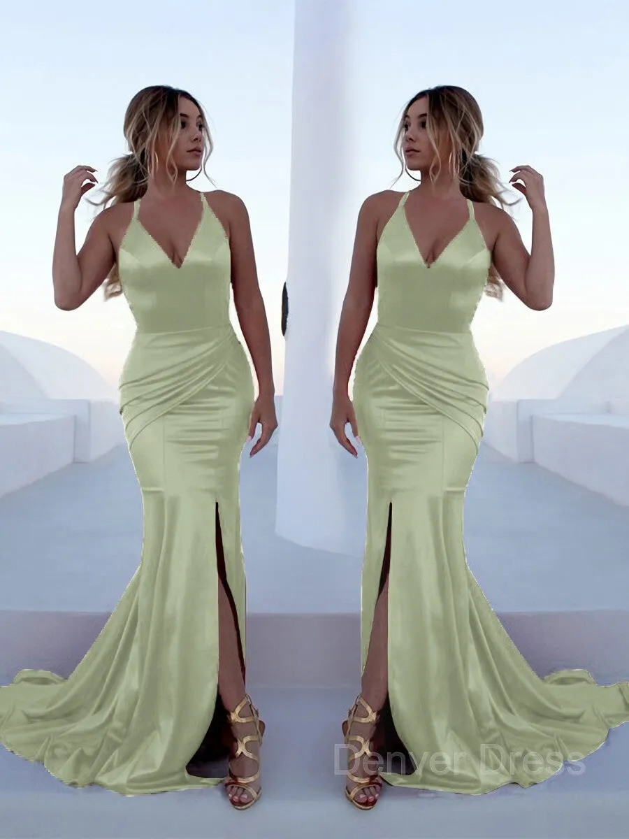 Mermaid Halter Sweep Train Silk like Satin Prom Dresses With Leg Slit