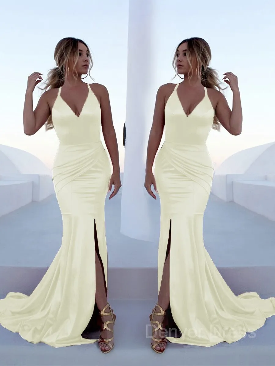 Mermaid Halter Sweep Train Silk like Satin Prom Dresses With Leg Slit