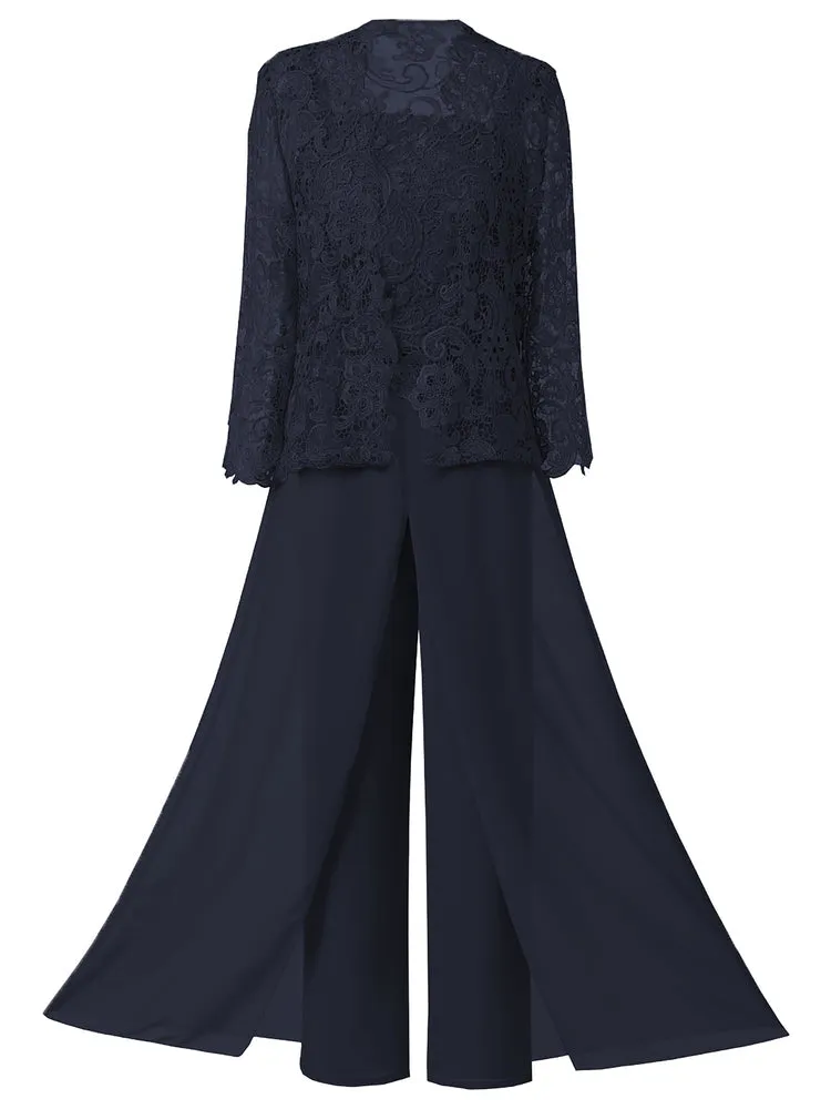 Mother of the Bride Dress, Lace Chiffon Three-Piece Plus Size Mother of the Bride Pant Suits
