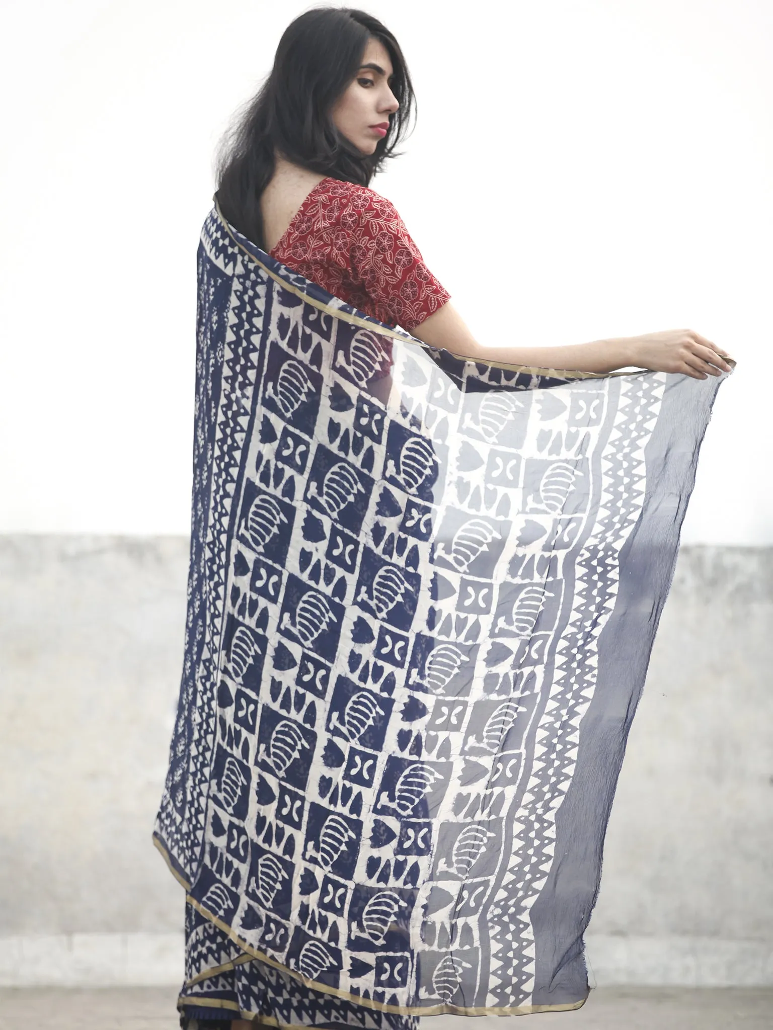 Navy Blue white Hand Block Printed Chiffon Saree With Zari Border - S031702607