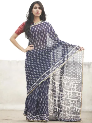 Navy Blue white Hand Block Printed Chiffon Saree With Zari Border - S031702607