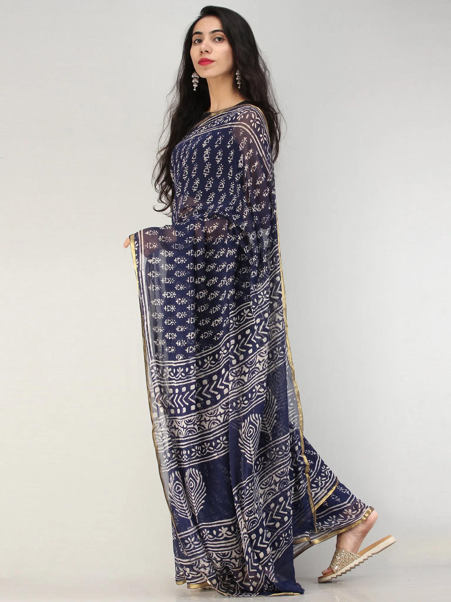 Navy OffWhite Hand Block Printed Chiffon Saree with Zari Border - S031704553