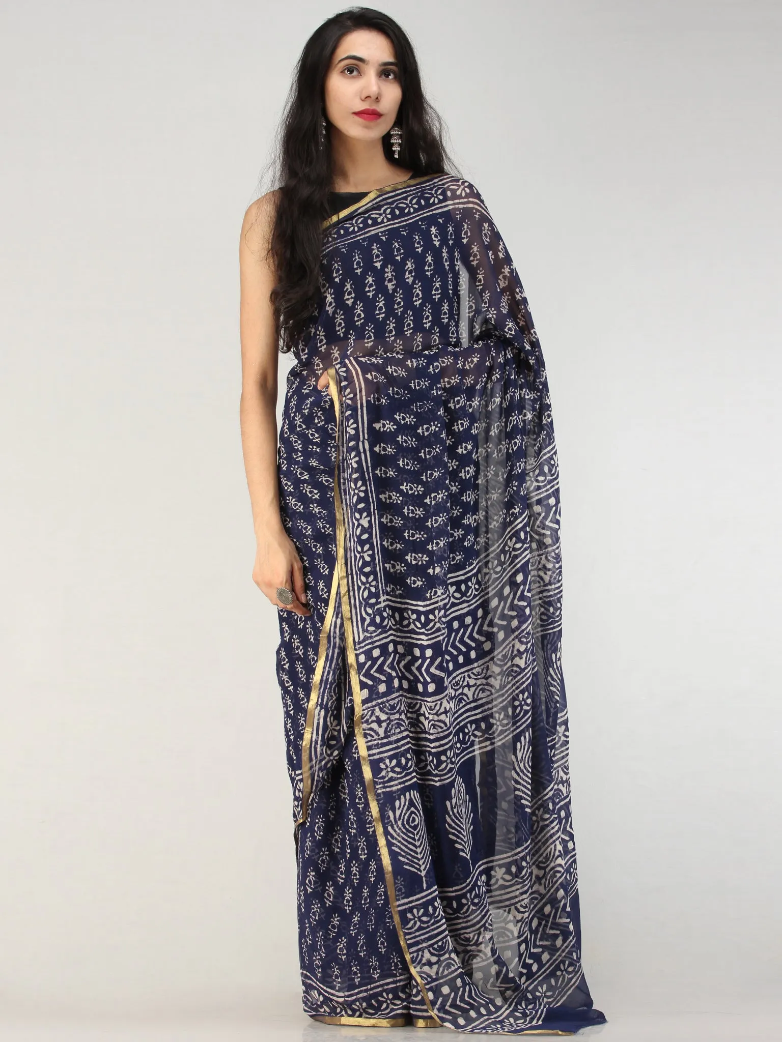 Navy OffWhite Hand Block Printed Chiffon Saree with Zari Border - S031704553