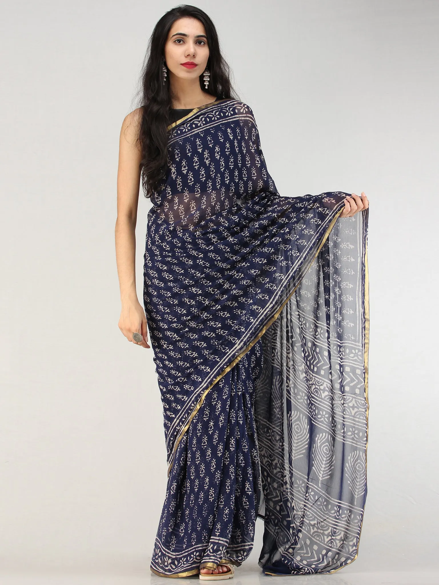 Navy OffWhite Hand Block Printed Chiffon Saree with Zari Border - S031704553