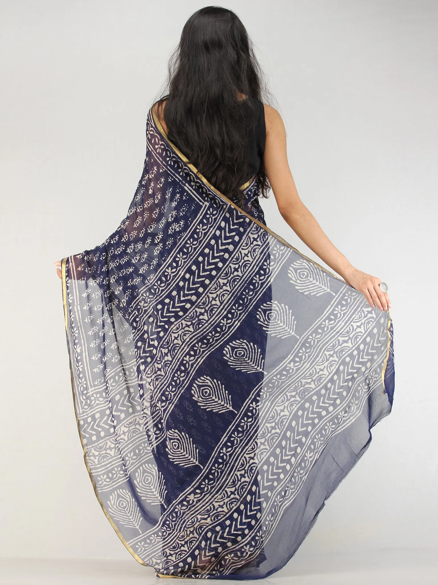 Navy OffWhite Hand Block Printed Chiffon Saree with Zari Border - S031704553