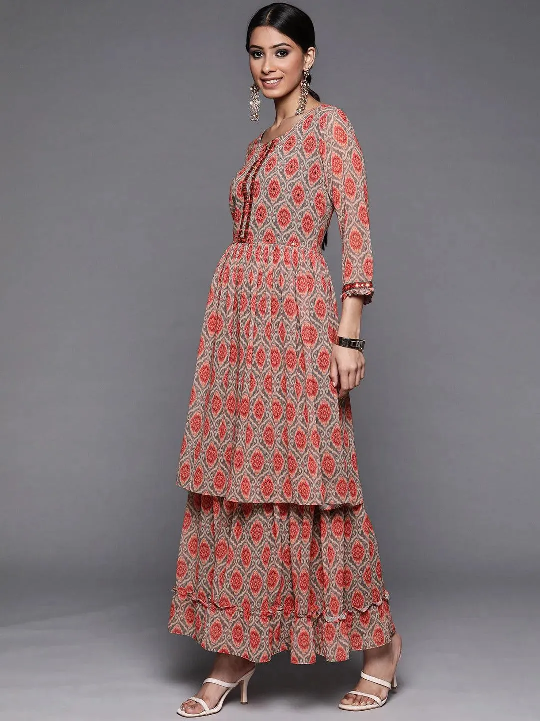 Orange Printed Georgette A-Line Kurta With Sharara & Dupatta