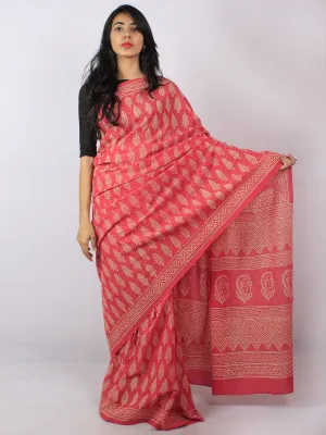 Pink Beige Hand Block Printed Cotton Saree in Natural Colors - S03170815