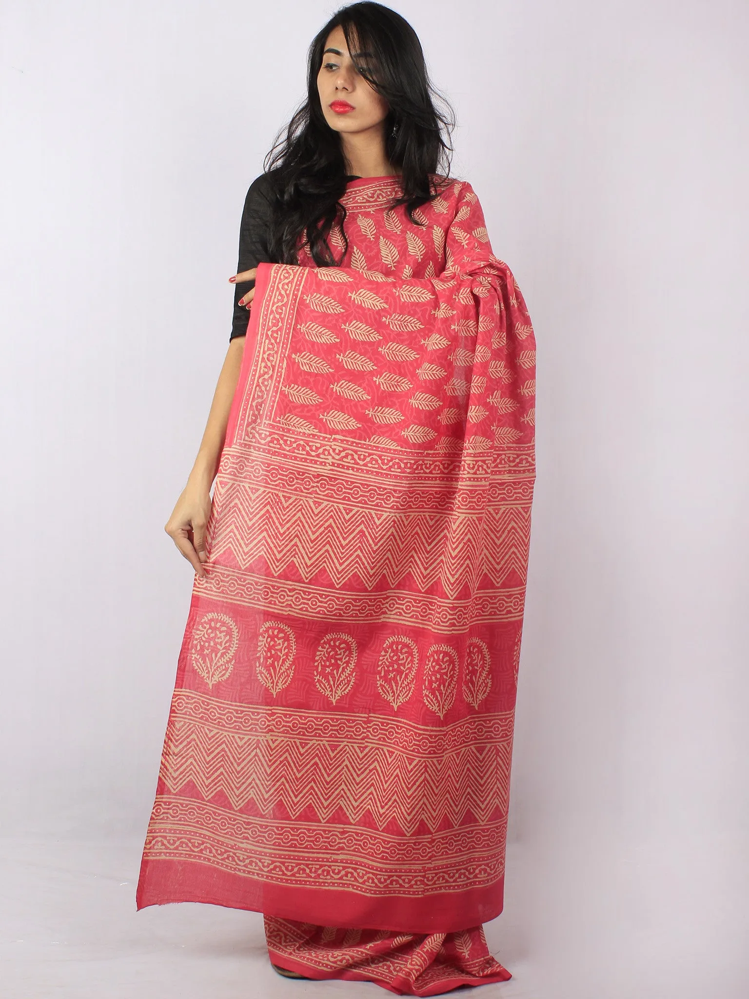 Pink Beige Hand Block Printed Cotton Saree in Natural Colors - S03170815