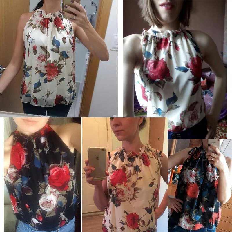 Plus Size - Rose Print Sleeveless Halter Necks (US 14-22)