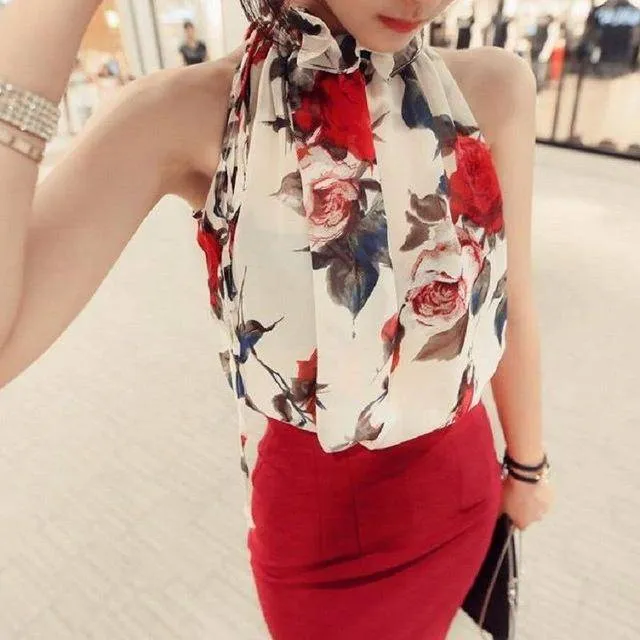 Plus Size - Rose Print Sleeveless Halter Necks (US 14-22)