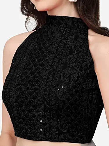 Pujia Mils Women's Halter Neck Chickenkari Work Readymade Saree Blouse (Halter Neck_Black_38)