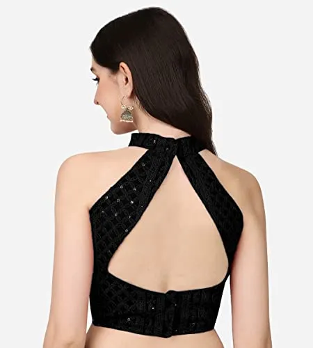 Pujia Mils Women's Halter Neck Chickenkari Work Readymade Saree Blouse (Halter Neck_Black_38)
