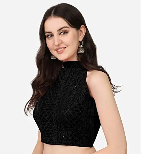 Pujia Mils Women's Halter Neck Chickenkari Work Readymade Saree Blouse (Halter Neck_Black_38)