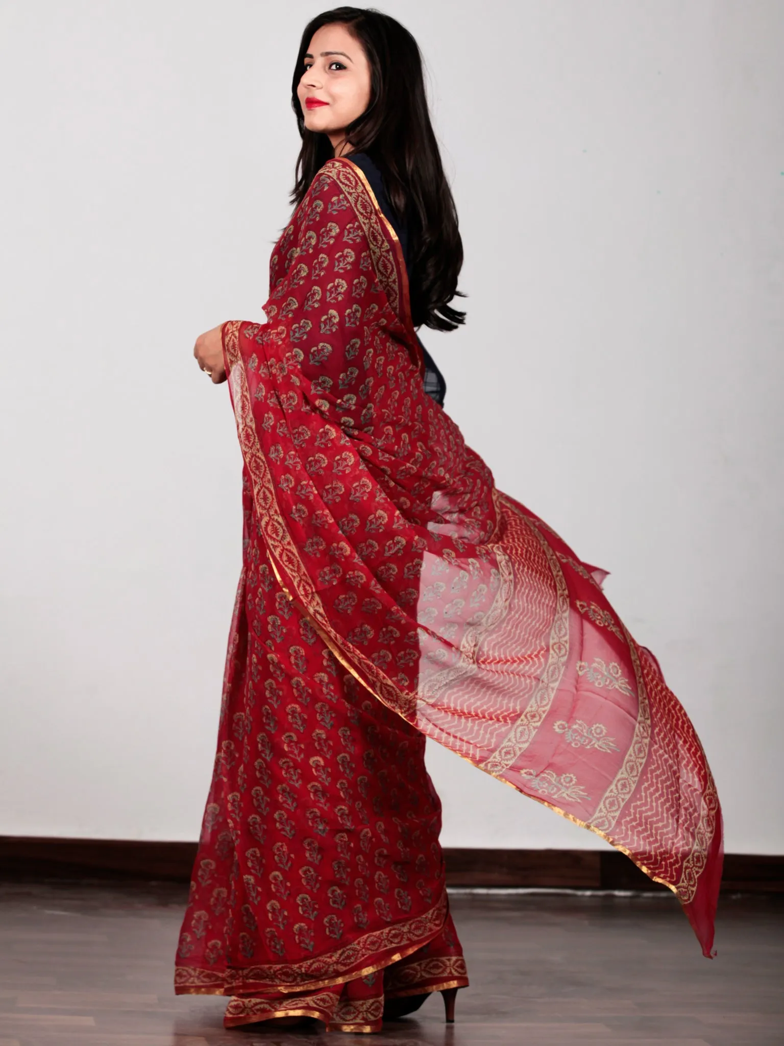 Red Green Yellow Hand Block Printed Chiffon Saree with Zari border- S031702730
