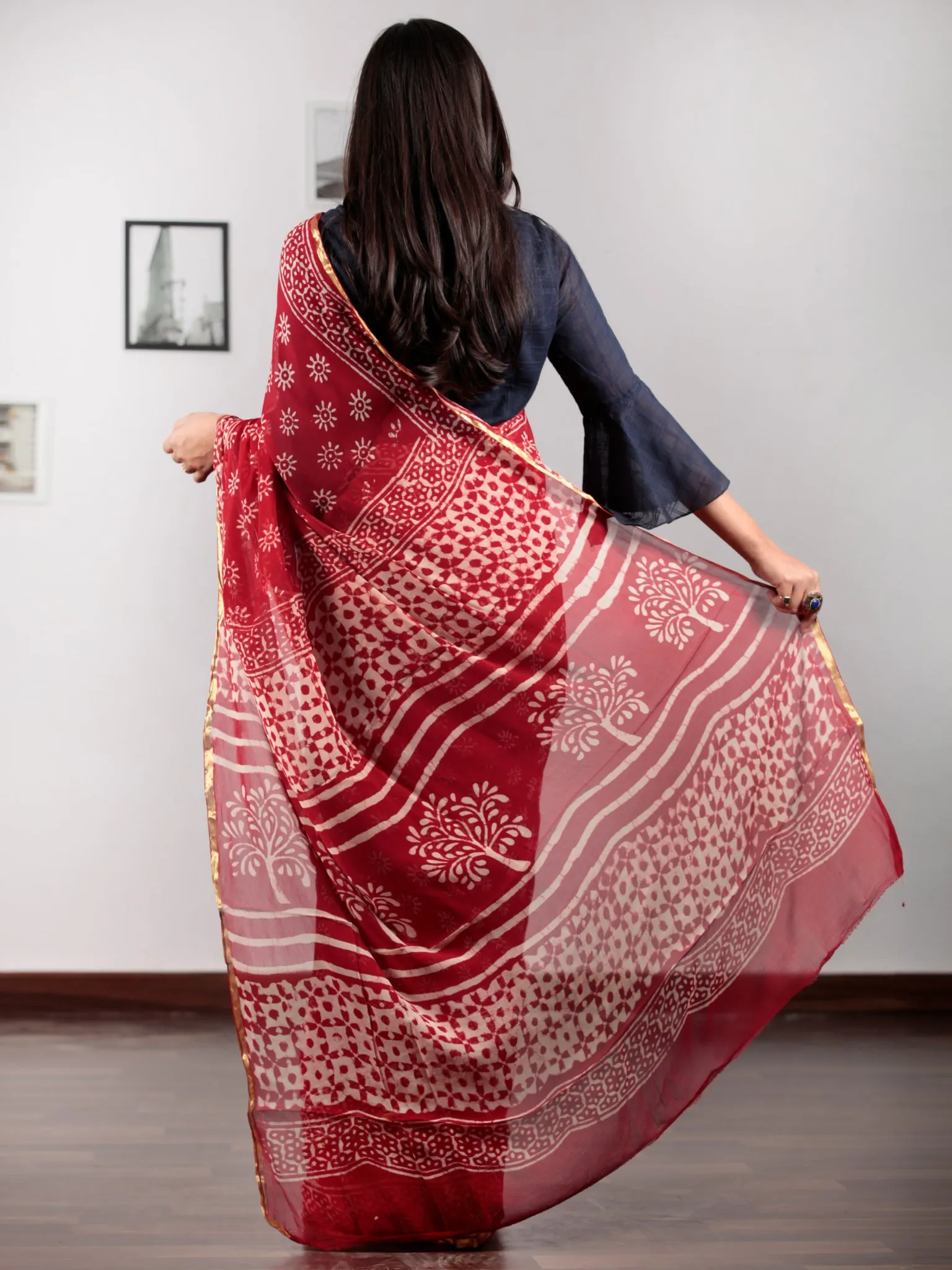 Red Ivory Hand Block Printed Chiffon Saree with Zari border - S031702733
