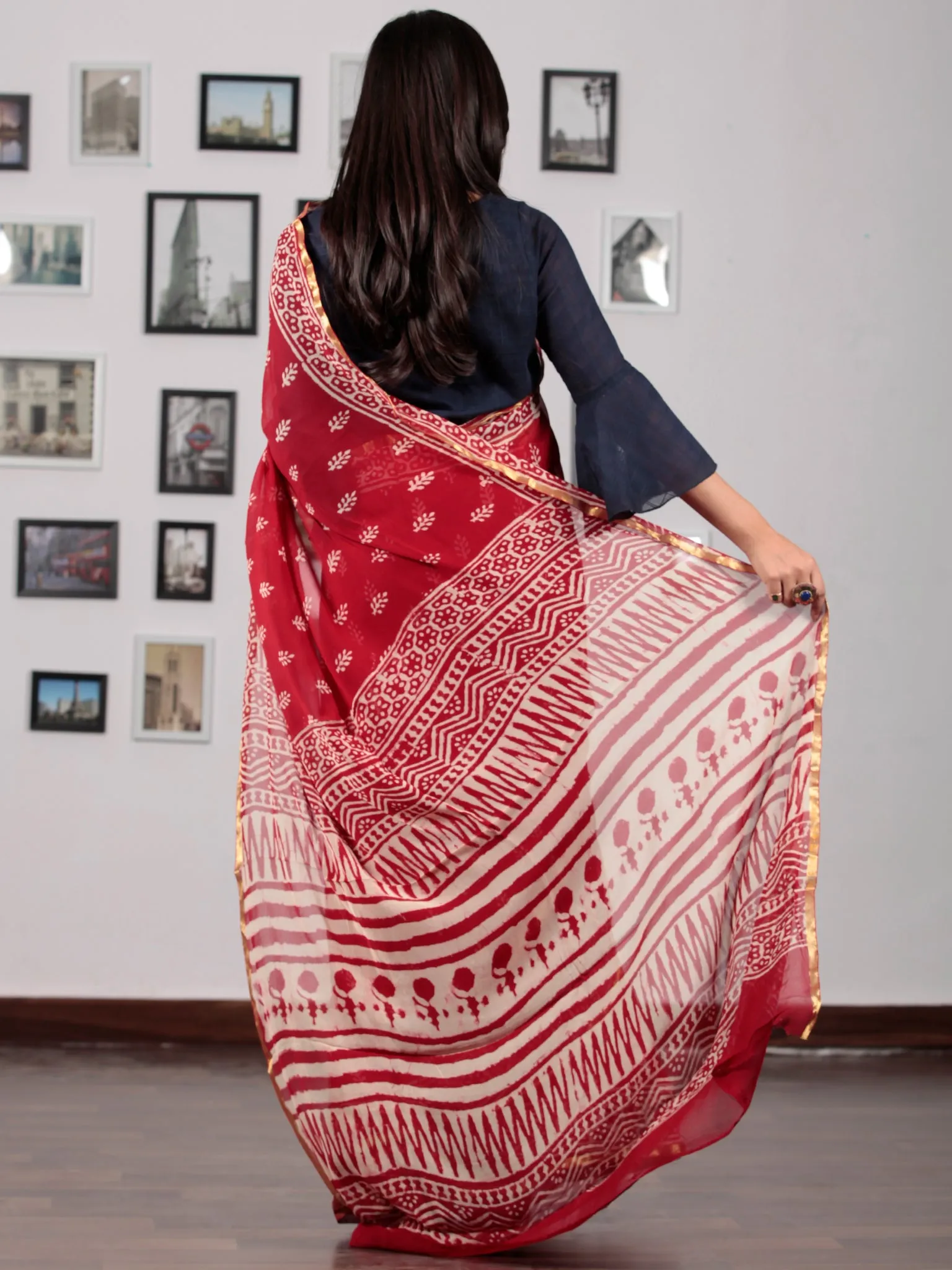 Red Ivory Hand Block Printed Chiffon Saree with Zari border - S031702735
