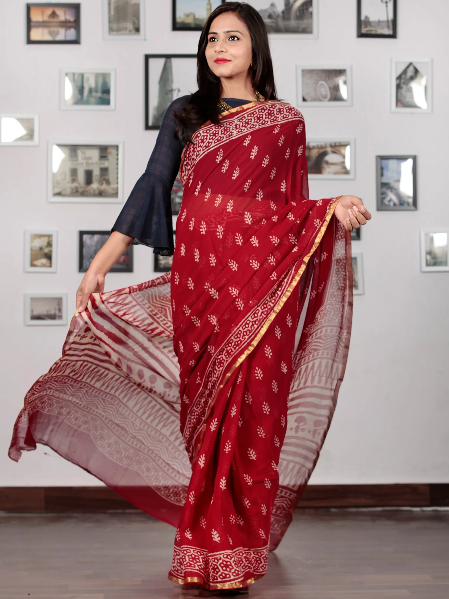 Red Ivory Hand Block Printed Chiffon Saree with Zari border - S031702735