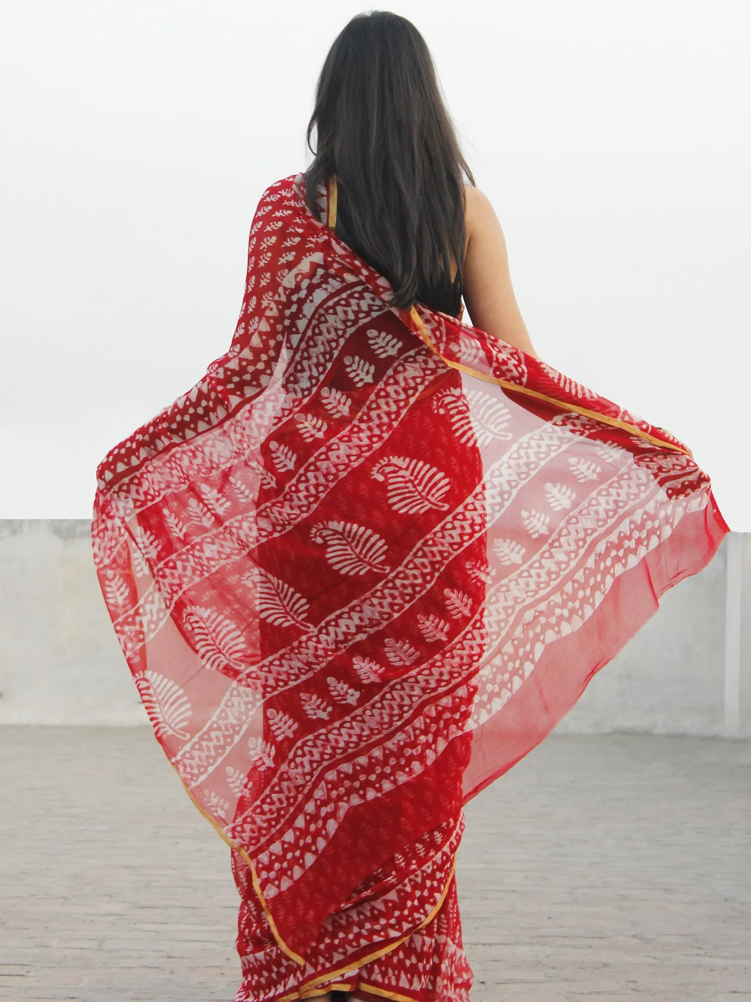 Red White Hand Block Printed Chiffon Saree With Zari Border - S031702584