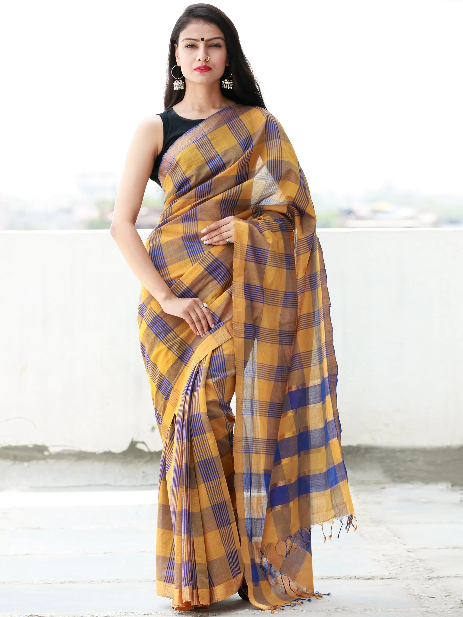 Royal Blue Rust Orange Handloom Mangalagiri Cotton Saree With Zari Border - S031703849