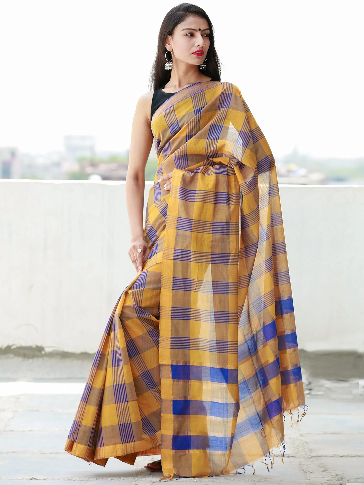 Royal Blue Rust Orange Handloom Mangalagiri Cotton Saree With Zari Border - S031703849