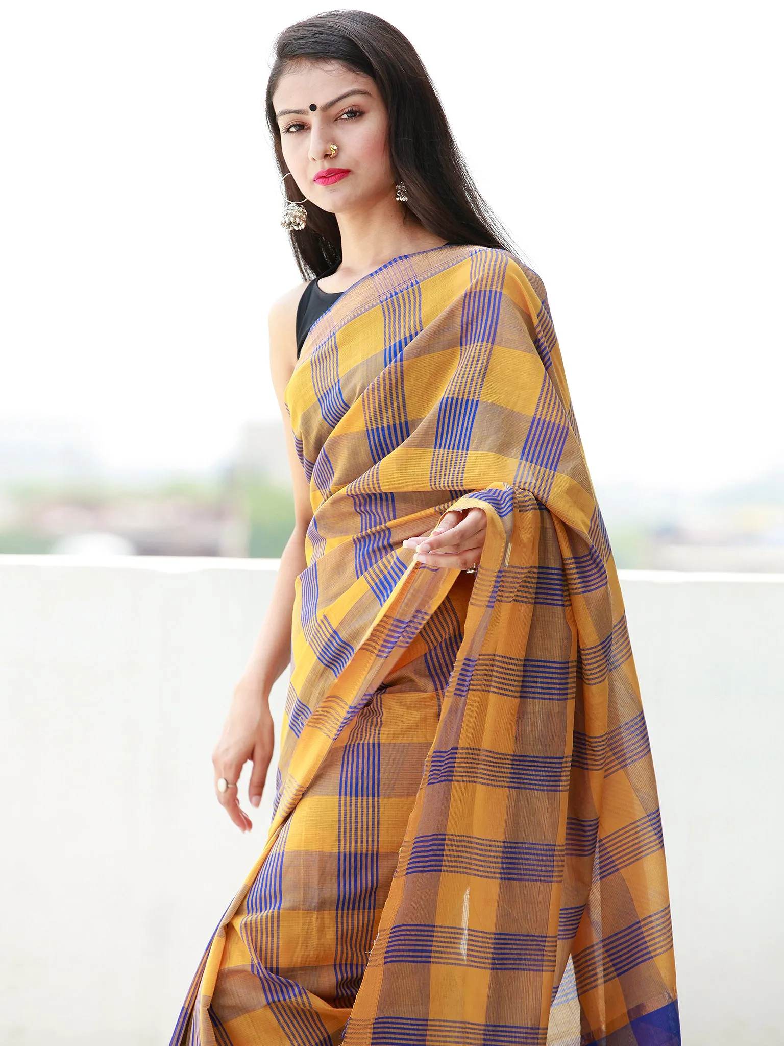 Royal Blue Rust Orange Handloom Mangalagiri Cotton Saree With Zari Border - S031703849