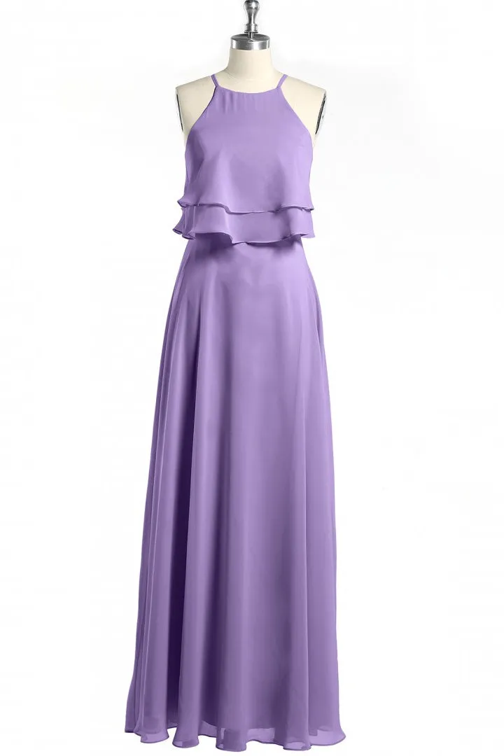 Sage Green Chiffon Halter Ruffle A-Line Long Bridesmaid Dress