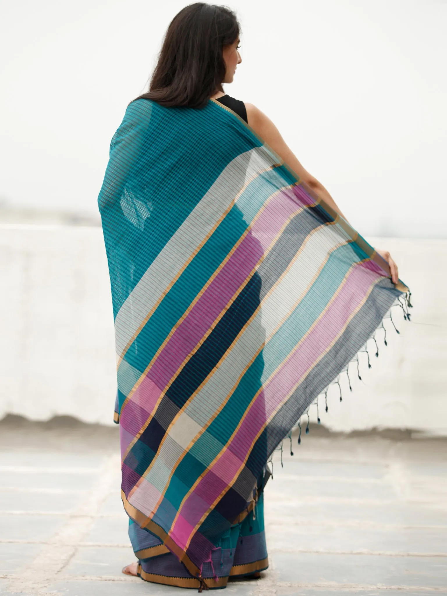 Teal Blue Green Handloom Mangalagiri Cotton Saree With Zari Border - S031704059