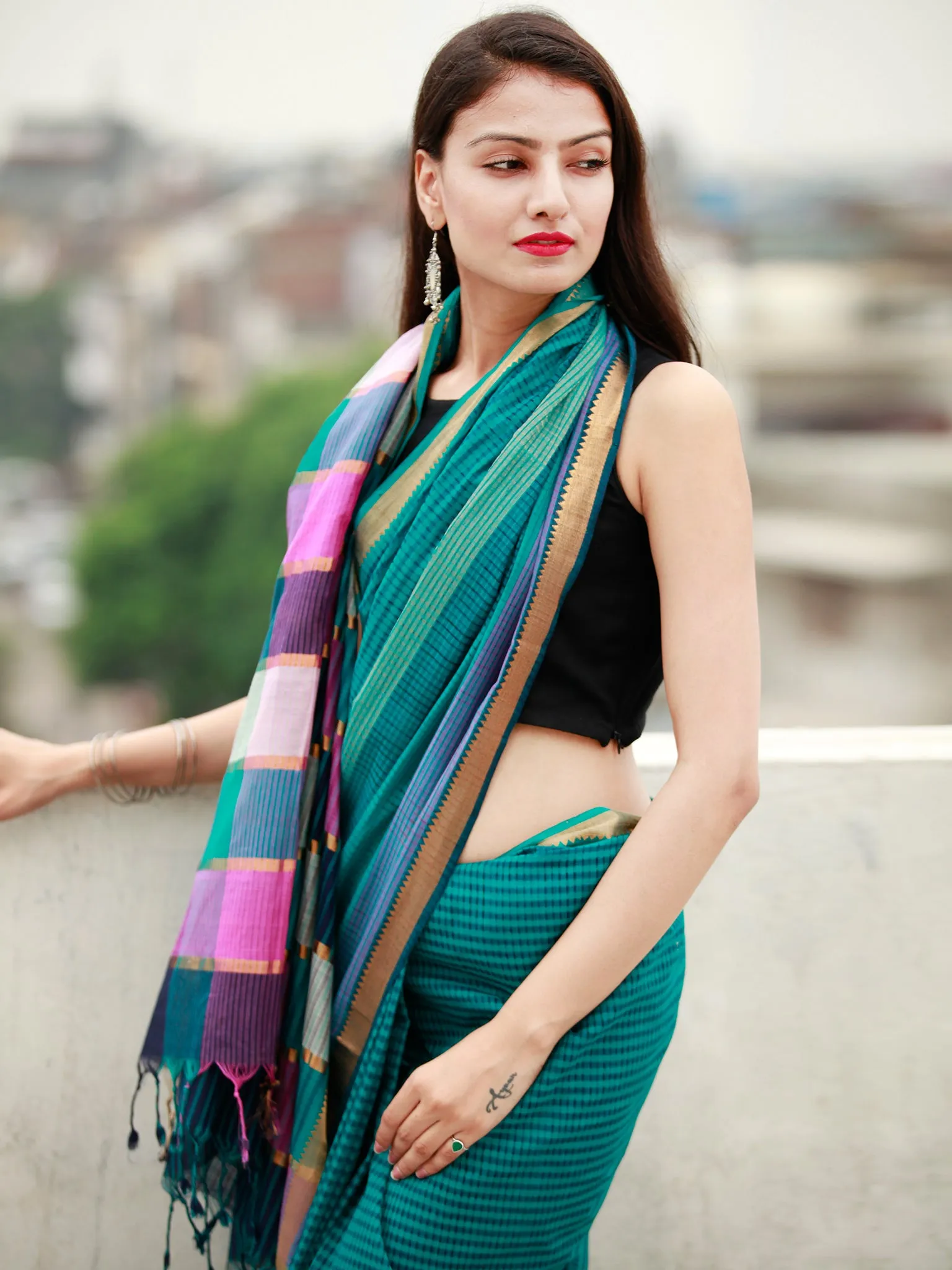 Teal Blue Green Handloom Mangalagiri Cotton Saree With Zari Border - S031704059