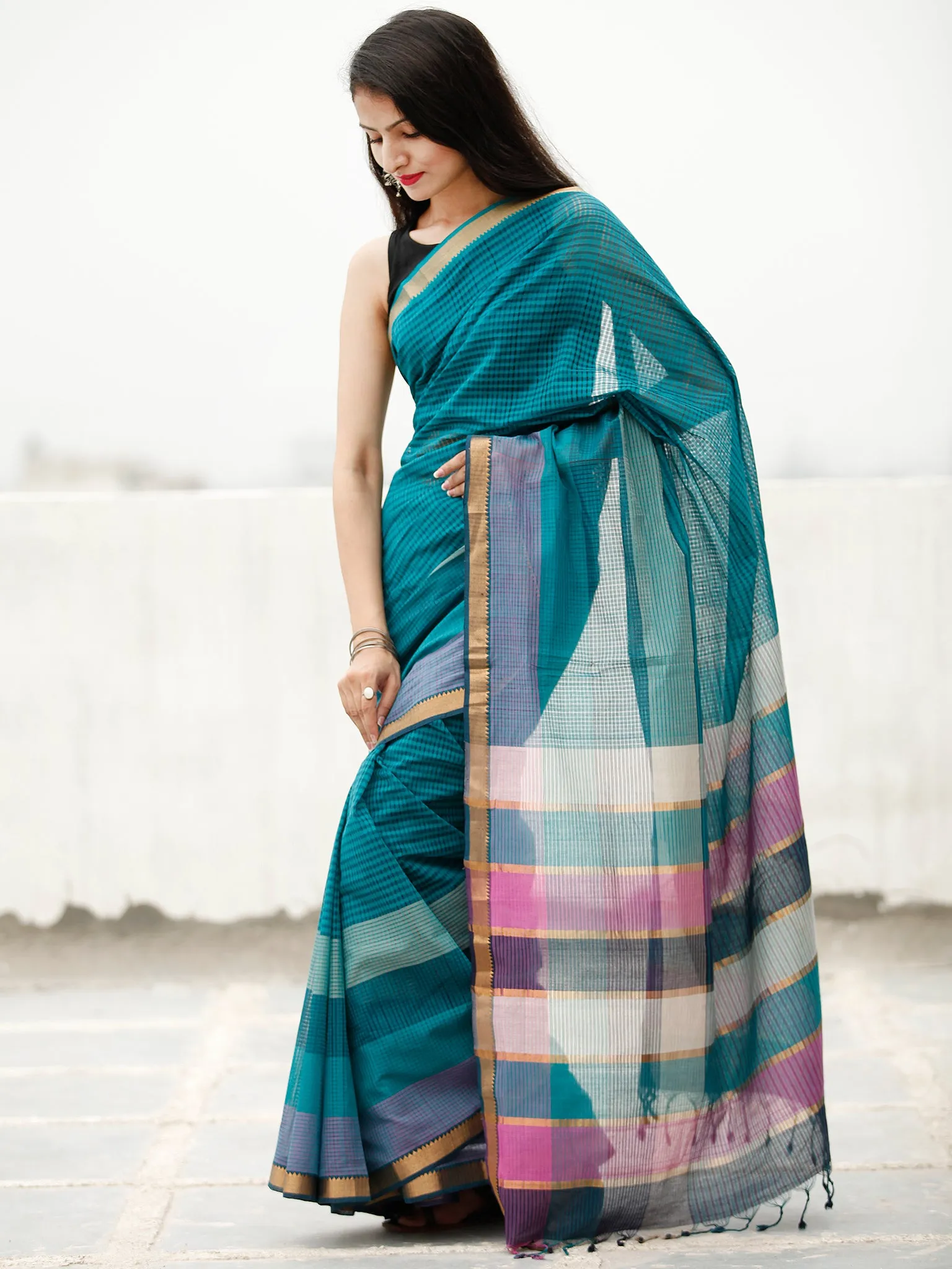 Teal Blue Green Handloom Mangalagiri Cotton Saree With Zari Border - S031704059