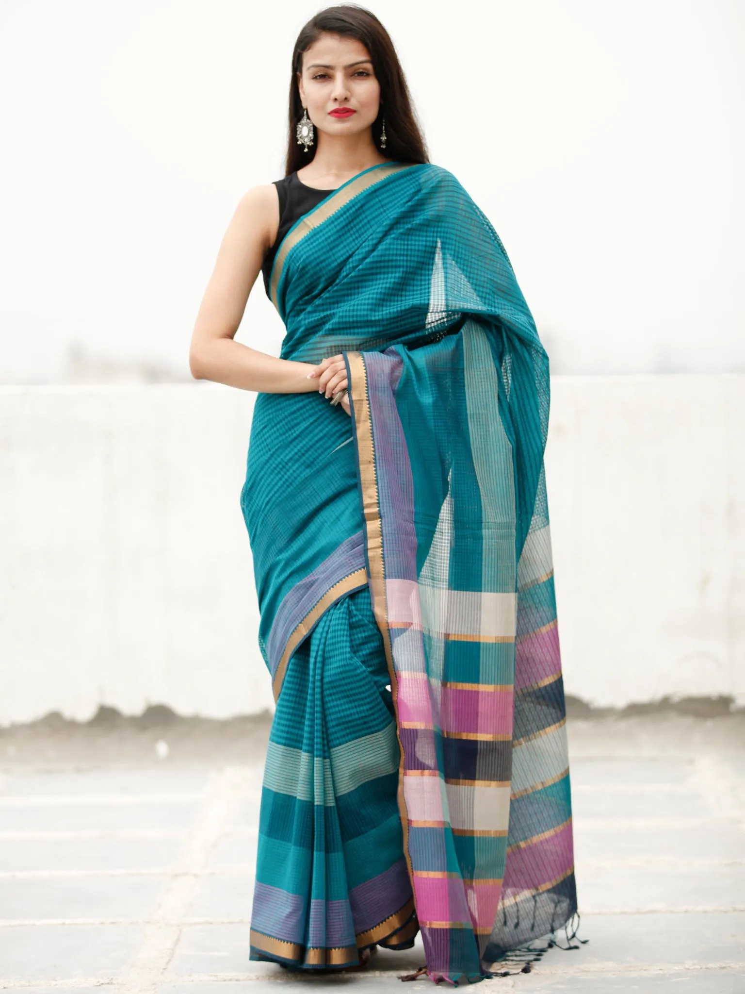 Teal Blue Green Handloom Mangalagiri Cotton Saree With Zari Border - S031704059