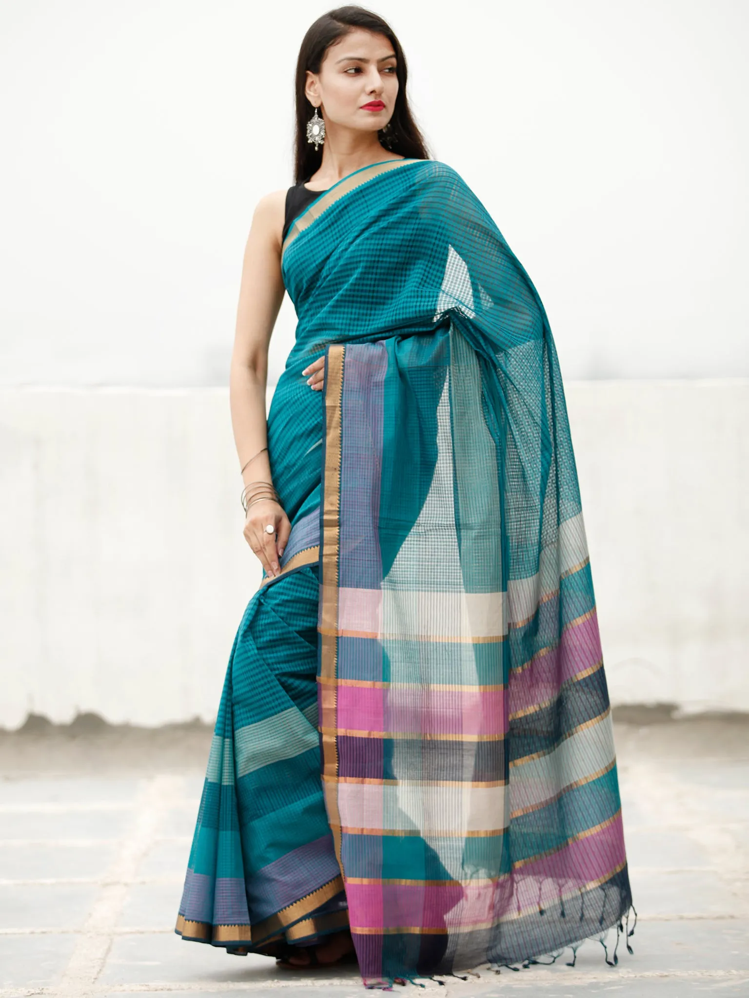 Teal Blue Green Handloom Mangalagiri Cotton Saree With Zari Border - S031704059