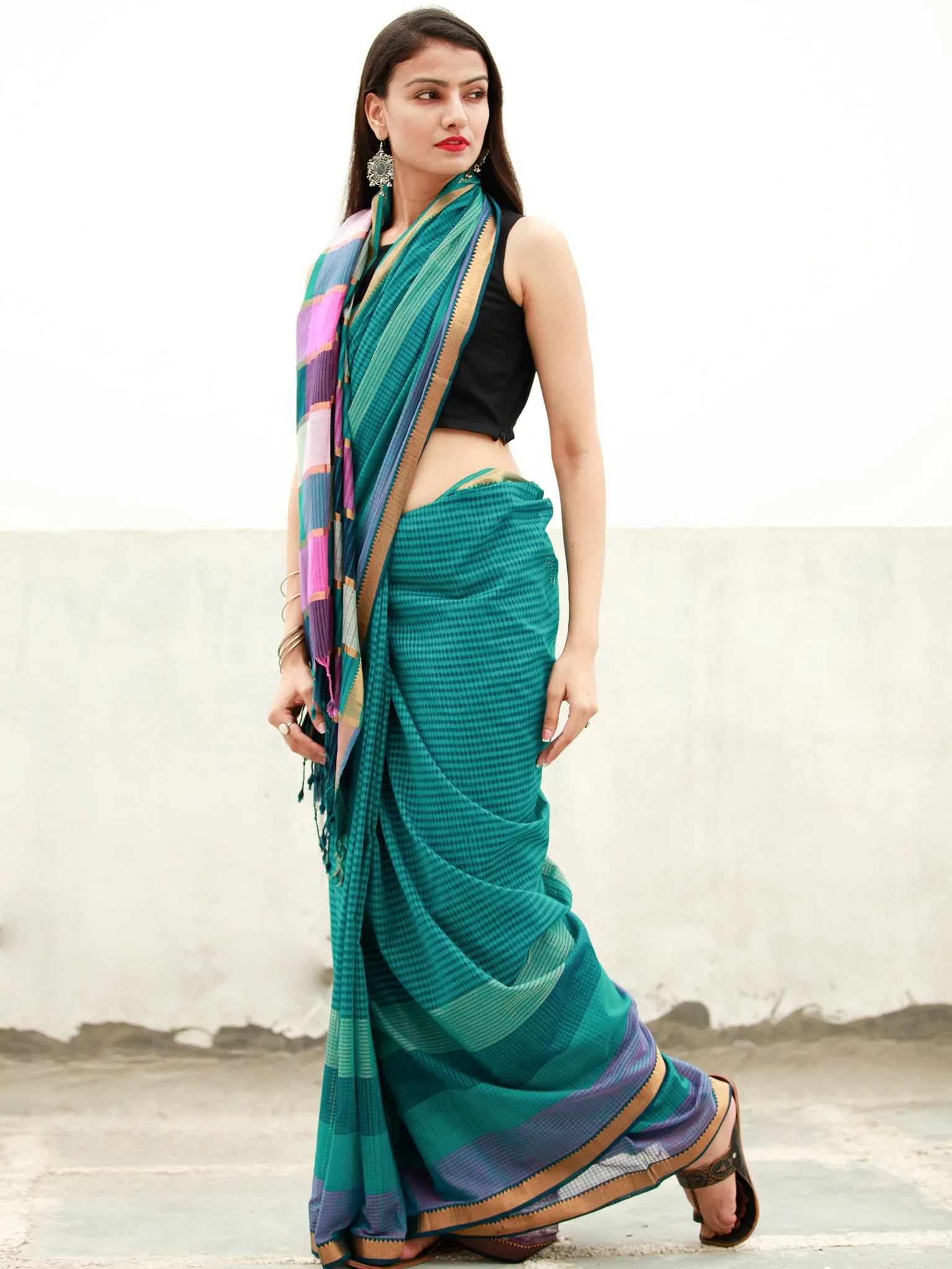 Teal Blue Green Handloom Mangalagiri Cotton Saree With Zari Border - S031704059