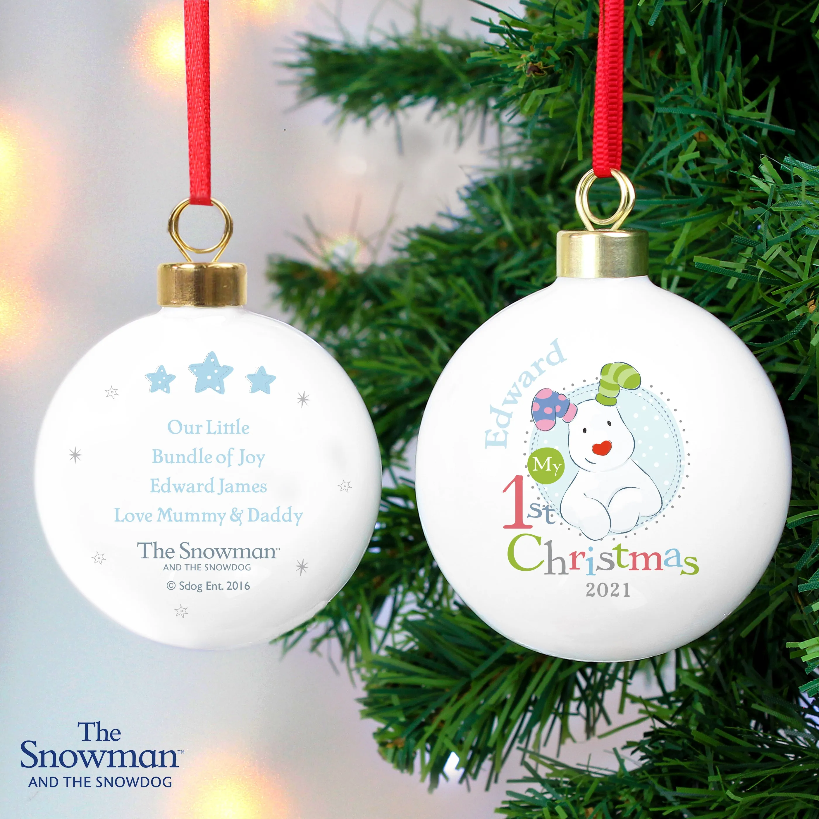 The Snowman & The Snowdog - Personalised My 1st Christmas Blue Bauble