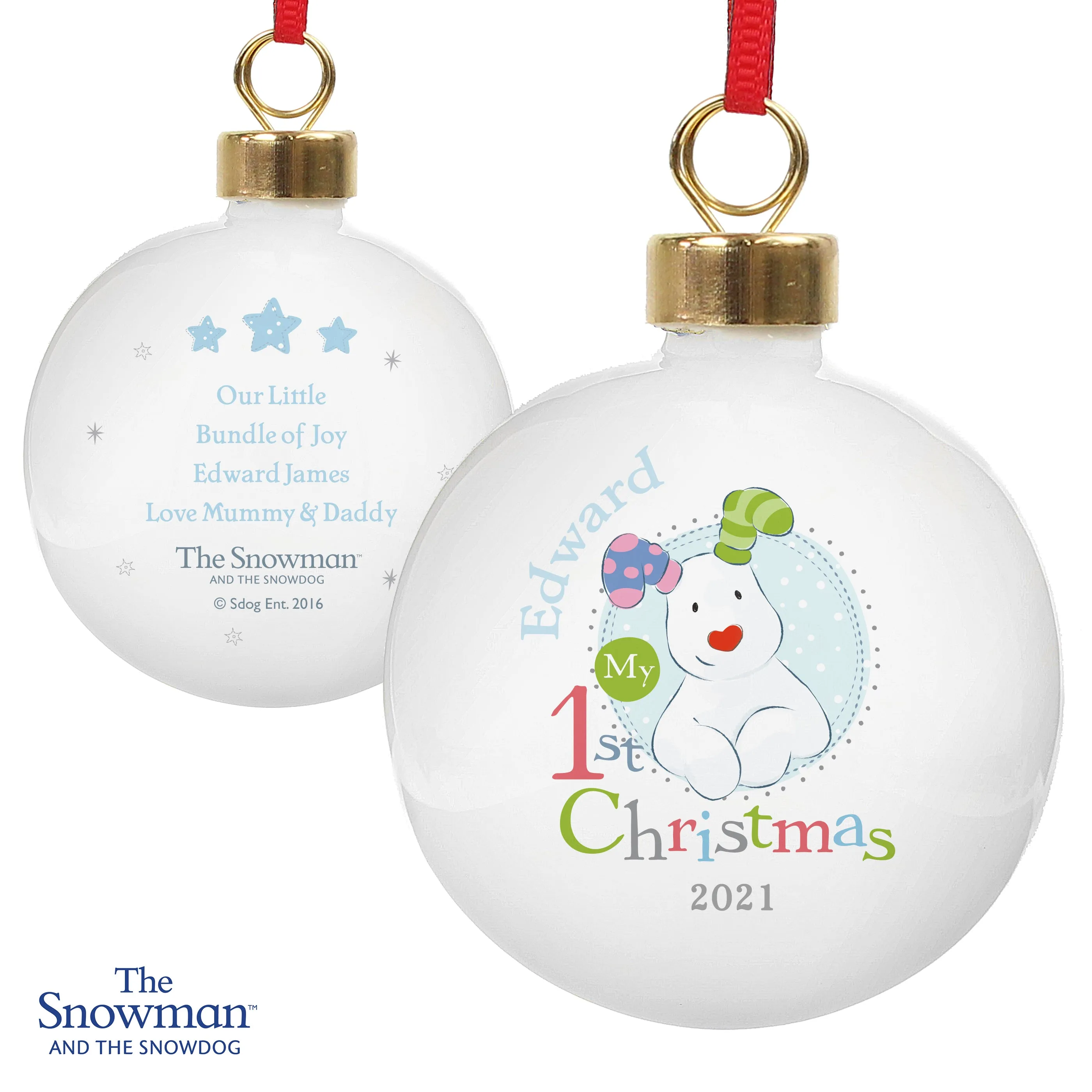 The Snowman & The Snowdog - Personalised My 1st Christmas Blue Bauble